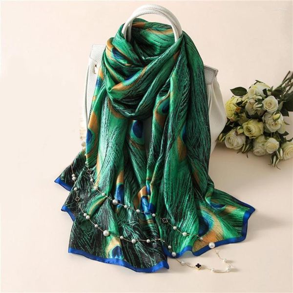 Foulards Vintage Chic Mode Paon Plume Femmes Soie Couverture Écharpe Plage Voyage Châle