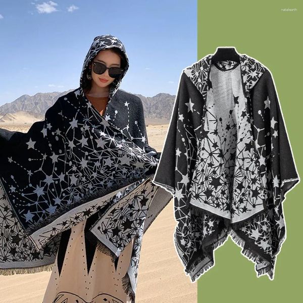 Foulards Vintage imprimé géométrique à capuche Poncho femmes chaud glands cape 2023 printemps automne imitation cachemire châle