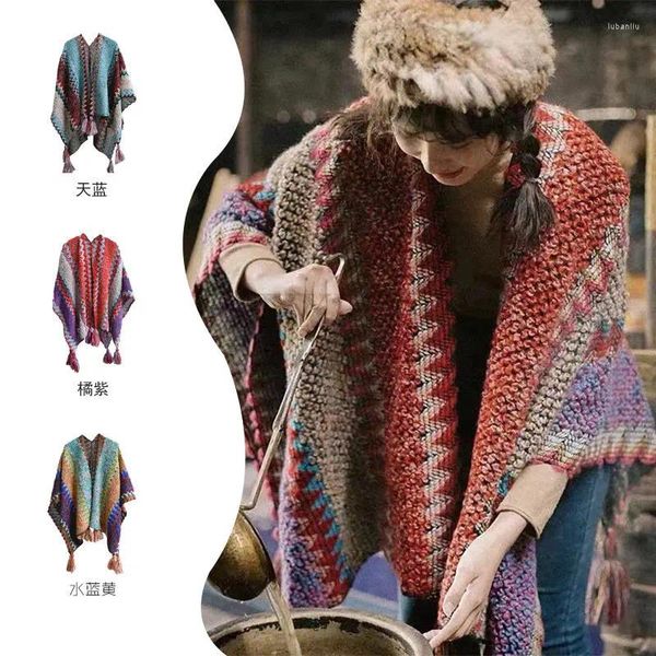 Foulards Vintage Harajuku couverture tricotée châles écharpes femmes chaud châle enveloppes frange Cape hiver Cardigan pulls ouverts avant Ponchos