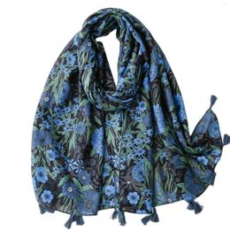 Foulards Vintage Style National Bleu Foncé Fleur Impression Soie Écharpe Coton Lin Sensation Mode Célébrité Chaud Châle