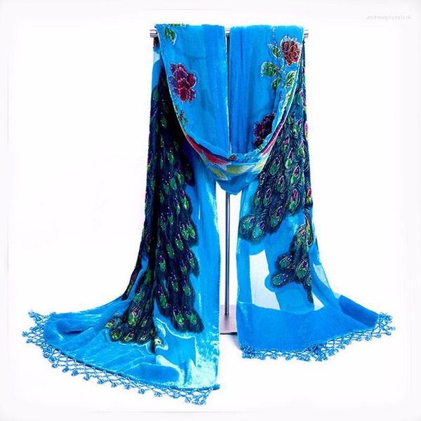 Foulards Vintage paon velours soie Style chinois femmes perlé broderie châle écharpe longue frange Pashmina étole