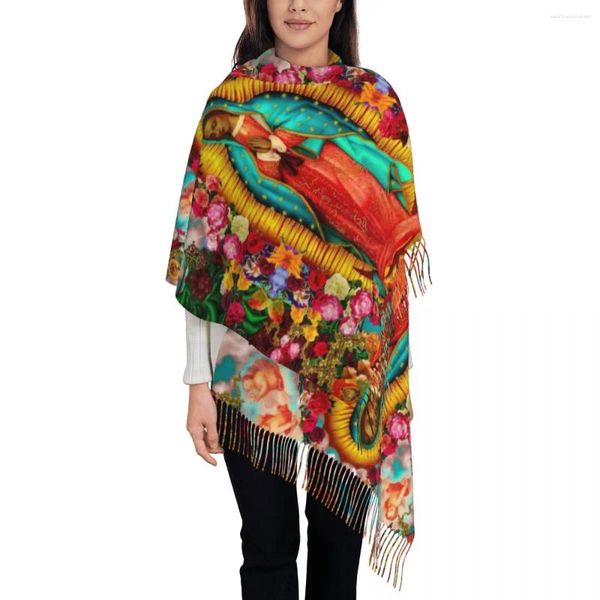 Foulards Vierge Marie Châle Wrap Pour Femmes Hiver Chaud Grande Écharpe Douce Notre-Dame de Guadalupe Christian Réversible Gland