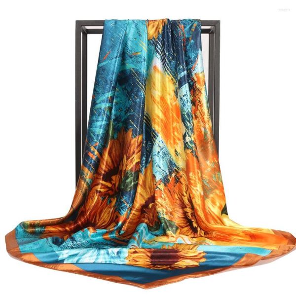 Foulards en gros Foulard en soie femmes châle étoles Vintage peinture à l'huile tournesol imprimé carré Bandana femme Foulard cheveux/tête