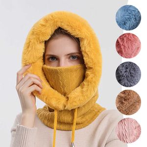 Scarves Winter Fluffy Fur Cap Mask Set Hooded for Women Knitted Cashmere Neck Warm Ballava Bicycle Hat Thick Plush Ski Windproof Y2209