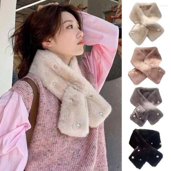 Foulards hiver perle peluche écharpe pour femmes épaissir fourrure chaude fausse croix filles doux cou plus chaud en plein air