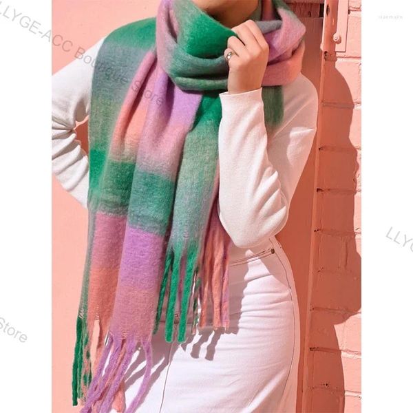 Bufandas Invierno Plaid Bufanda cálida Mujeres Lujo Pashmina Engrosamiento Cashmere Mujer Borla Simple Accesorios de fiesta de boda