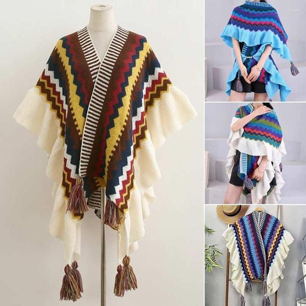 Bufandas Invierno Cálido Poncho Mongol Suave Rayas Imitación Cashmere Volante Tejido Wraps Estilo étnico Cabo de punto Moda Mujer