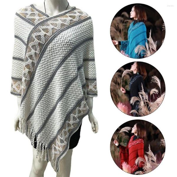 Écharpes hiver chaud mongol poncho doux style ethnique imitation cachemire tricot enveloppes sergé rayure gland châle femmes mode