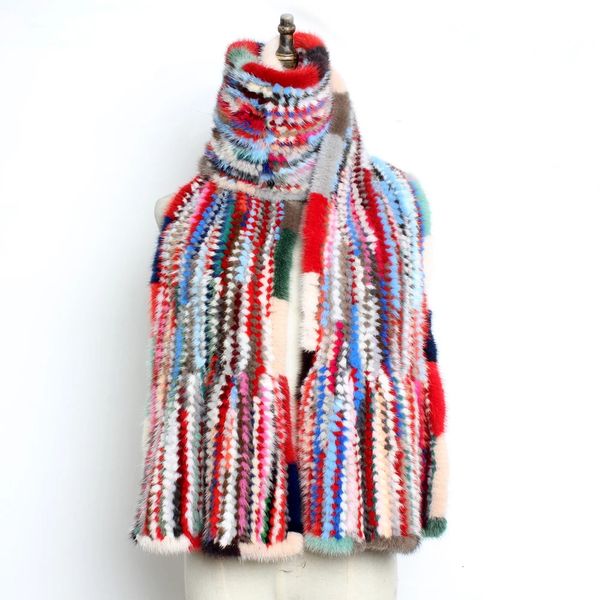 Foulards Hiver Femmes Tricoté Véritable Fourrure De Vison Écharpe De Mode Coloré Stripe Casual Châle Foulard Dame Chaud Long Silencieux En Gros 231115