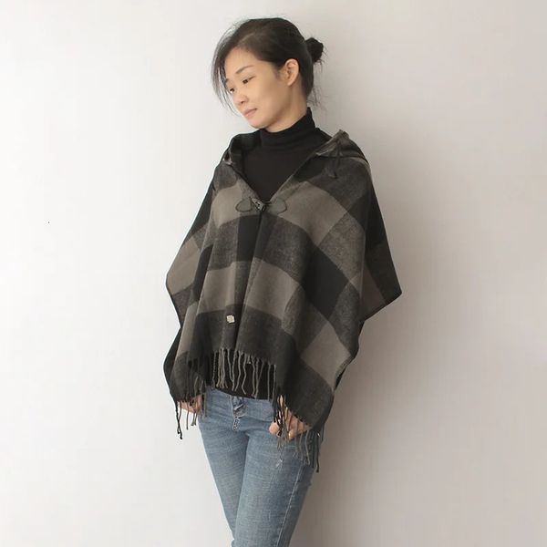 Bufandas Invierno Mujeres Bufanda Clásica Negro Gris A cuadros Bufanda con capucha Mantón Envolturas Mujer Cálida Cashmere Poncho Pashmina Cabo con sombrero 231207