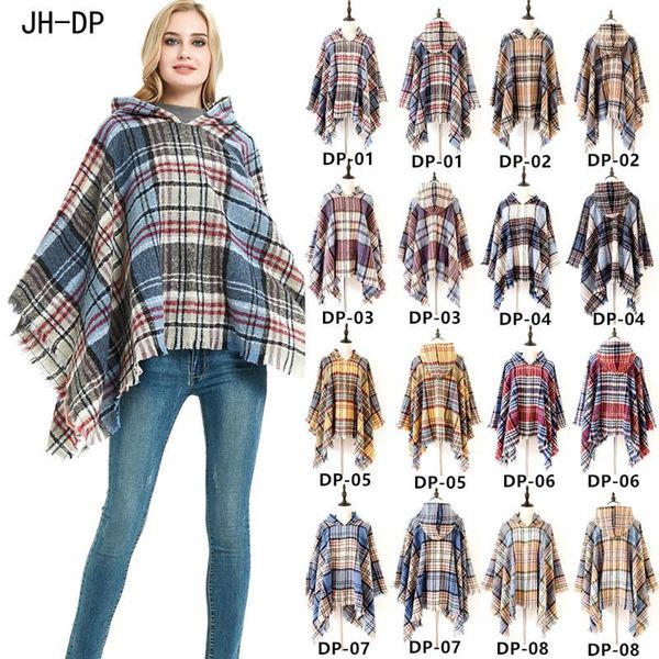 Foulards femme chaud Plaid à capuche Cape Poncho hiver col tricoté pull vêtements de plein air gland manteau pour la mode enveloppes