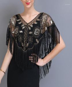 Écharbes Châle à paillettes Femmes des années 1920 avec des glands perles perle Fringe transparente Mesh enveloppe Gatsby Flapper Bolero Cap Cover Up15378733