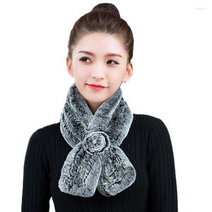 Écharpes Femmes Véritable Écharpe Tricotée En Fourrure De Rex Avec Fleur Rose Foulard De Dame Hiver Chaud Doux 14 Couleurs