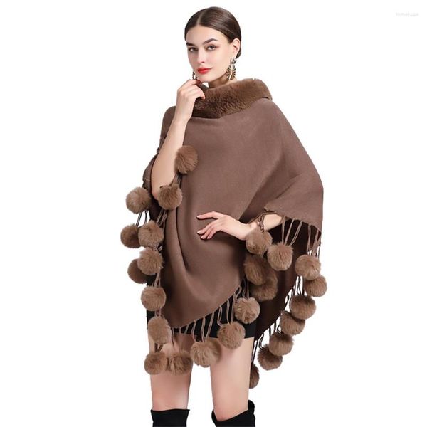 Foulards femmes cachemire sentir Poncho dame Rex fausse fourrure col pull manteau automne chaud cape avec boule de cheveux tricoté châle