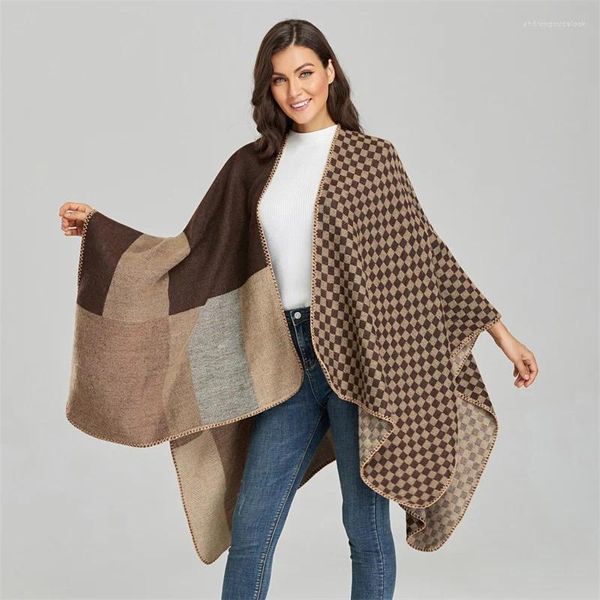 Bufandas Mujeres Cashmere Square Plaid Slit Shawl Poncho Moda Versátil Invierno Espesar Bufanda Cálida Cabo Pashmina Manta Ropa de abrigo