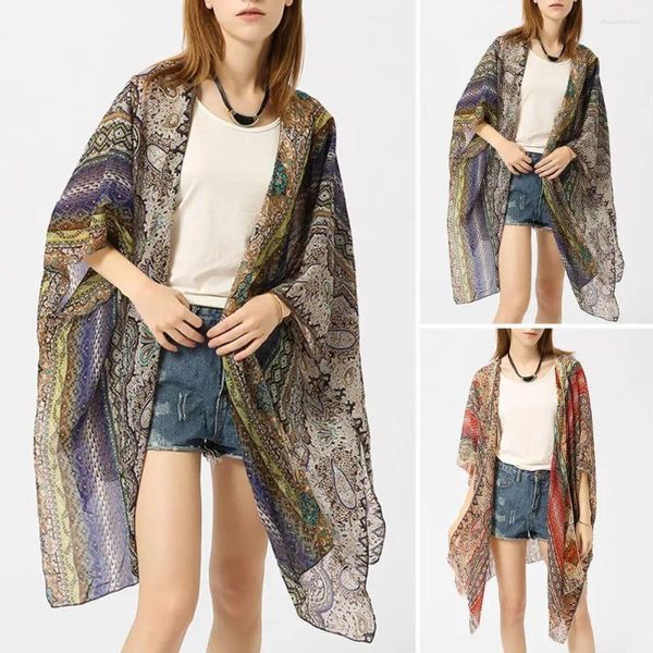 Bufandas Mujeres Cardigan de gasa Elegante Colección de playa de verano Patrón de Paisley Media manga Traje de baño frontal abierto para