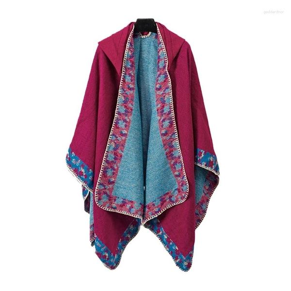 Bufandas Mujeres Étnica Floral Con Capucha Poncho Cape Shawl Wrap Invierno Otoño Cálido Manta De Punto Abierto Frente Suéter Abrigo Cardigan