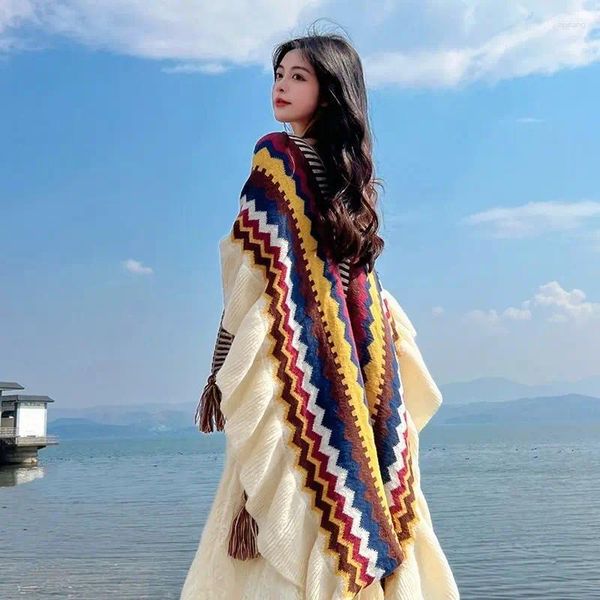 Bufandas Mujeres Estilo étnico Cárdigan de punto Cape Poncho Wrap Retro Borla Mantón Estola Capa Viaje Cálido Chales y envolturas Pashmina