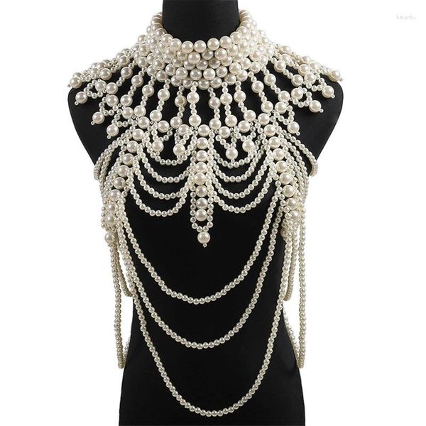 Écharpes femmes fausse perle de la chaîne de carrosserie perle châle bijoux en couches en couches collier collier u4le