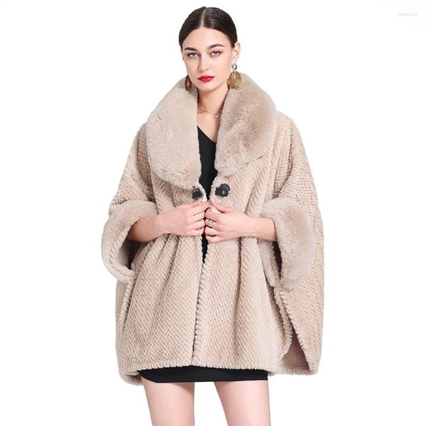 Foulards Femmes Doublure Polaire Fausse Fourrure Châle Lady Manteau De Laine Moelleux Hiver Garder Au Chaud Cardigan Wrap De Luxe Pardessus Un Bouton Cape