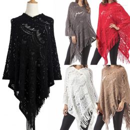 Bufandas Mujeres Hollow Out Crochet Batwing Suéter Cabo Jersey Punto Mantón Bufanda Color Sólido Borlas Asimétrico Poncho Wrap