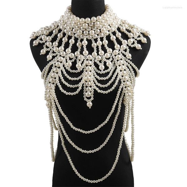 Foulards femmes Imitation perle perlée corps chaîne châle bijoux faits à la main bavoir collier collier Vintage luxueux couches Costume