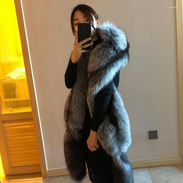 Bufandas Mujeres Lujo Real Piel Gran Mantón Invierno Natural Full Pelt Silver Bufanda Doble cara Abrigo cálido con cola210s