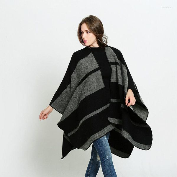 Bufandas Mujer Suéter de gran tamaño Cárdigan Poncho de rayas de invierno Suave Cálido Pashmina Capa Clásica Negro Gris Mantas envolventes para Snap YG543