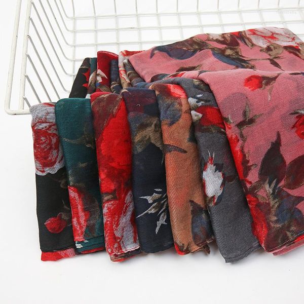 Foulards Femmes Imprimé Floral Viscose Écharpe Hijab Élégant Musulman Hijabs Coton Rétro Foulard Femme Designer Châle