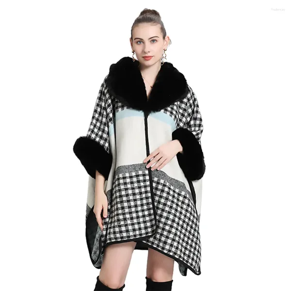 Bufandas para mujer, chal de piel sintética Rex, abrigo de lana con sensación de Cachemira para mujer, abrigo elegante a cuadros para invierno, abrigo cálido de lujo, capa de marca