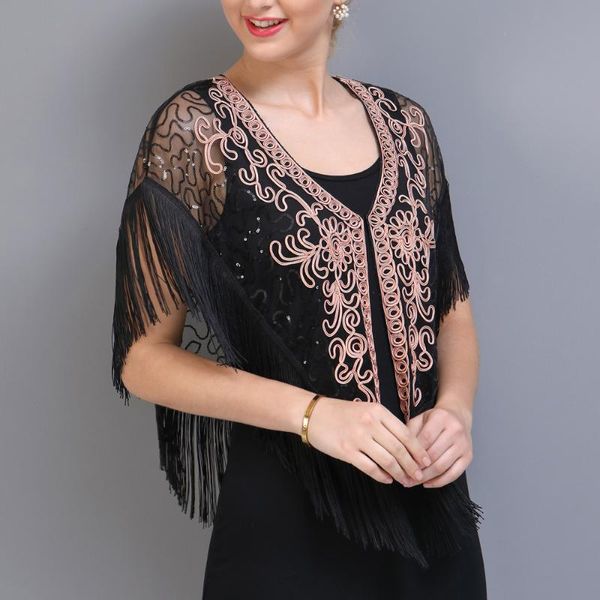 Bufandas Mujer 1920s Boda Wrap Chal nupcial Gatsby Flapper Party Cover Ups Sexy V-cuello Paisley Sequin Fringe Cape Evening