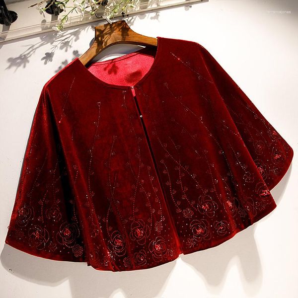 Foulards femmes automne hiver diamants perlés vin rouge velours Pashmina femme chaud châle manteau col R1642