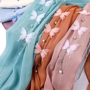 Foulards Hijabs pour femmes, perles du moyen-orient, mousseline de soie, fleur de papillon, écharpe perlée, dame musulmane malaisienne Turaban 70 170cm de long