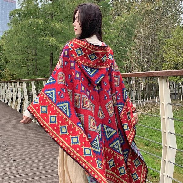 Bufandas Mantón con capucha para mujer Estilo étnico Poncho Invierno Casual Bufanda cálida Capa versátil Festival al aire libre Moda