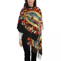 Foulards Écharpe à pompons pour femmes Notre-Dame de Guadalupe Grand hiver Chaud Châle Wrap Vierge Marie Mexique Catholique Réversible Cachemire