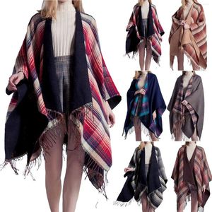 Bufandas de viaje para mujer, chal a cuadros, envolturas, poncho frontal abierto, capa cálida de gran tamaño, sombrero con flecos, capas de invierno para mujer