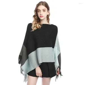 Sjaals Dames Lente Herfst Sjaal Dame Gebreid Tweezijdige Wrap Contrasterende Kleur Kwastje Trui Losse Trui Herfst Winter Wollen Garen Poncho