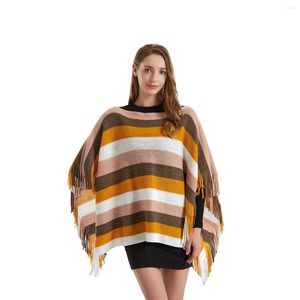 Sjaals vrouwen lente herfst sjaal dame gebreide tweergeleeg wikkel gestreepte pullover losse vrije tijd trui herfst poncho met kwastje drop -schip