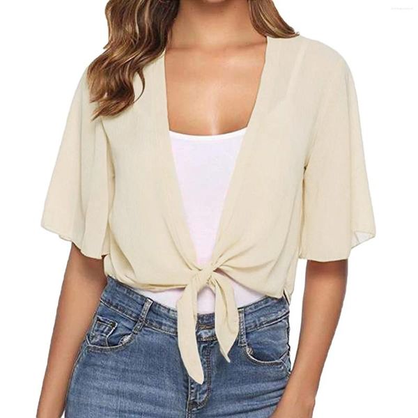 Bufandas Mujeres TIPE BLUSE CHIFFON BLOUNTA SOLIDAD ULTRA SINTURA CARDERA DE MANGA CORTA CORTE BOLER CARDIGAN BOLERO BLUSA MOJER MODA 2024