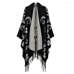 Sjaals Vrouwen Warme Taiji Bloem Afdrukken Sjaal Wraps Verdikking Kasjmier Poncho Met Kwastje Herfst En Winter