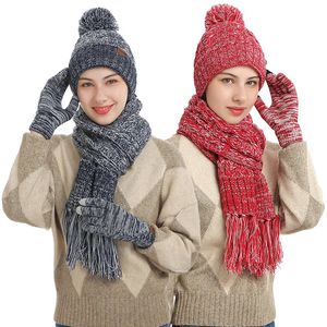 Sjaals Dames Winter Warm Houden Set Fleece Voering Muts Televingers Handschoenen Dikker Sjaal Wollen Garen Gebreide Uitlaat Hoed Halsdoek 231012