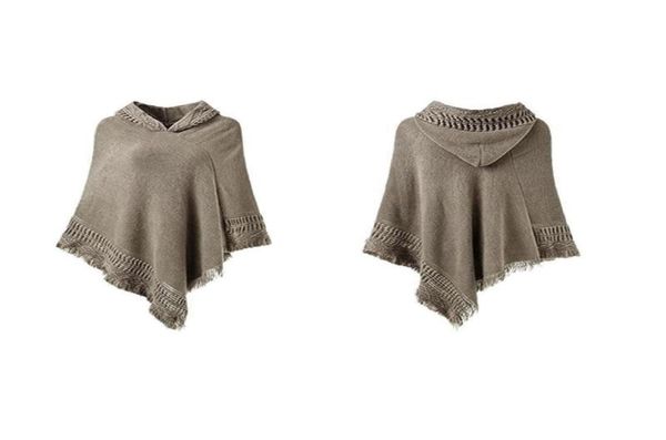 Écharpes femmes hiver tricot à capuche Poncho Cape Crochet frangé gland châle Wrap pull 3083469