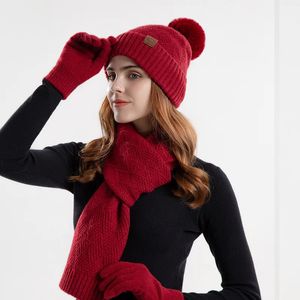 Sjaals Dames Winter Gebreide Muts Set Warme Vrouwelijke Skullies Mutsen Leuke Pompon Dikke Hoeden Skimuts met sjaal en handschoenen 231012