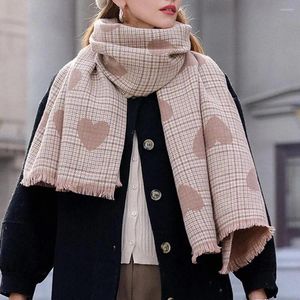 Bufandas Mujeres Bufanda de invierno Cuello engrosado Cálido Ancho Largo A prueba de viento Corazón A cuadros Estampado con flecos Dobladillo de punto Señora