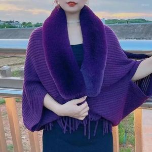 Foulards Femmes Hiver Châle Tricoté Épais En Peluche Gland Ouvert Point Cardigan Fausse Fourrure Protection Du Cou Coupe-Vent Ponchos Party Cape De Bal