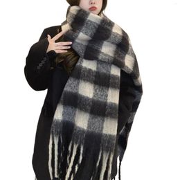 Bufandas Bufanda de punto tejida para mujer con patrón de cuadros coloridos y flecos largos y gruesos Cálido invierno satinado cuello alto