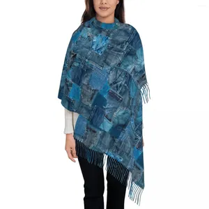 Sjaals Damessjaal met kwastje Blauwe denim jeanszak Patchwork Grote superzachte sjaal en omslagdoek Dagelijks gebruik Pashmina