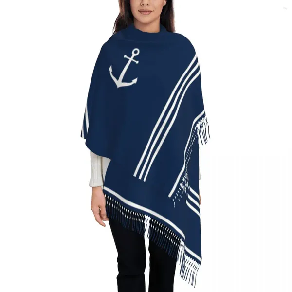 Bufandas Bufanda para mujer con borla Náutica Ancla azul marino Largo Invierno Cálido Mantón Wrap Timón Velero Uso diario Cashmere