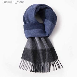 Écharpes Longue écharpe en laine pour hommes, écharpe chaude d'hiver, classique, à carreaux, bleu, châle luxueux, rayé, Q240228