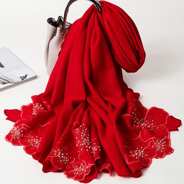 Foulards Laine Femmes De Luxe Rouge Broderie Châles Wraps Pashmina Automne Chaud Cou Écharpe Hiver Cachemire Echarpe